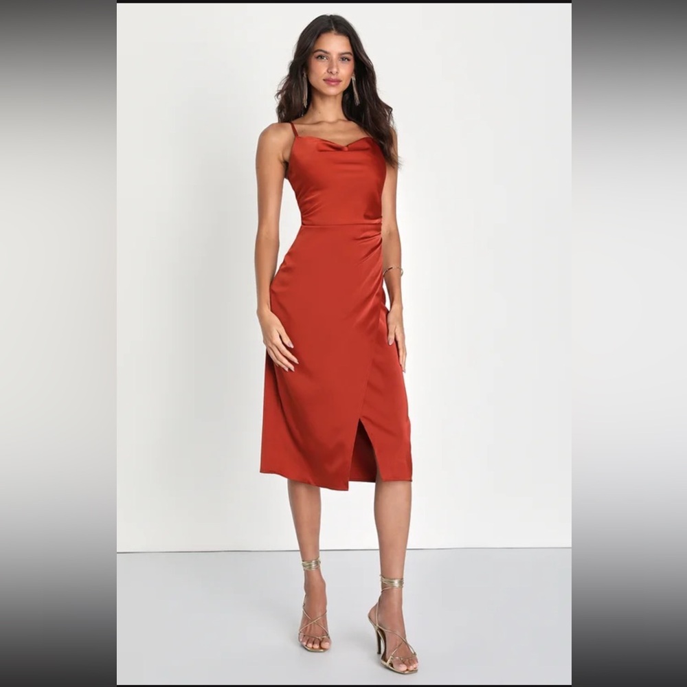 Lulus Hollywood Woman Bronze Satin Midi Dress